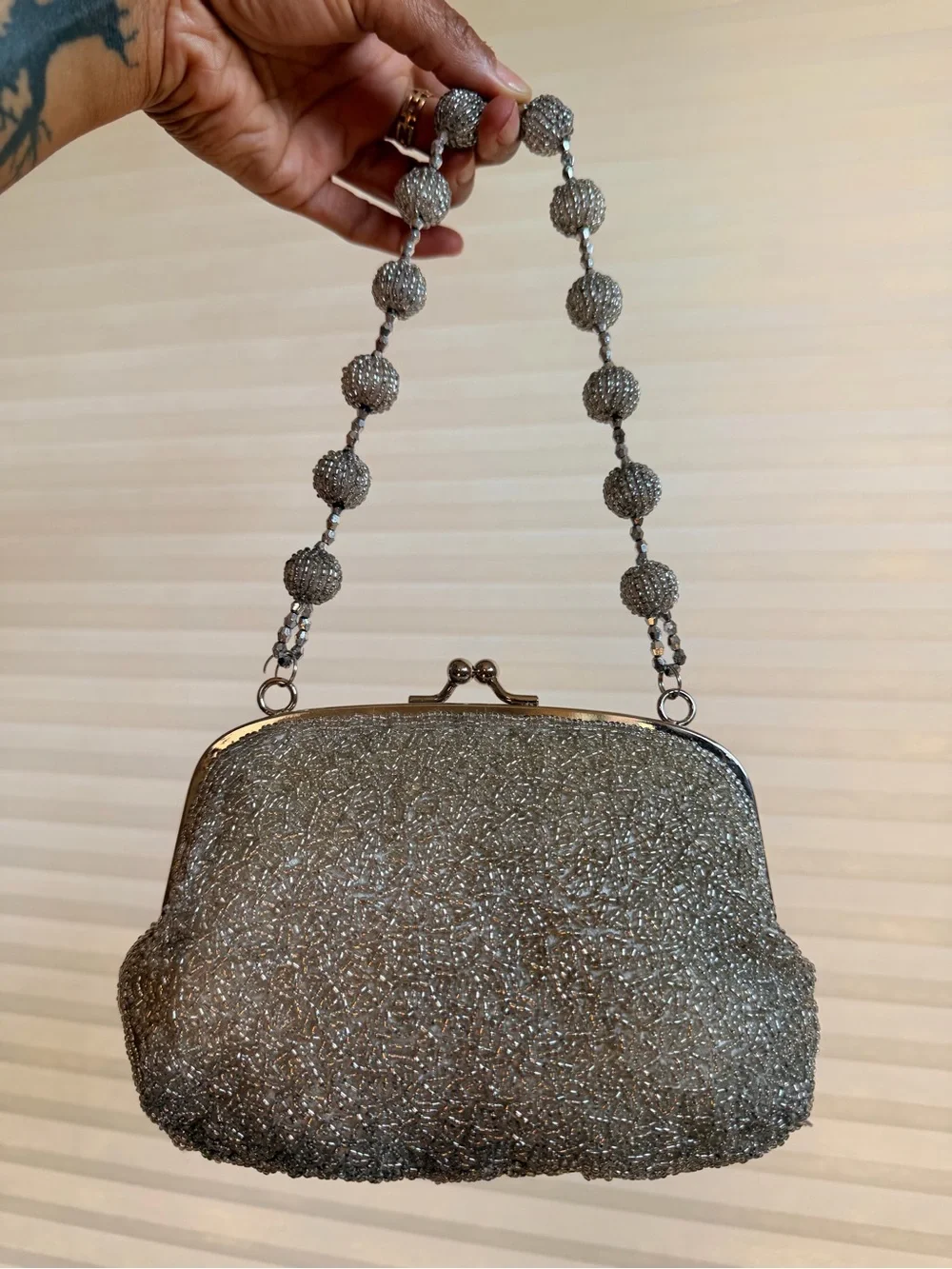 Vintage Silver Bugle Bead Evening Bag
